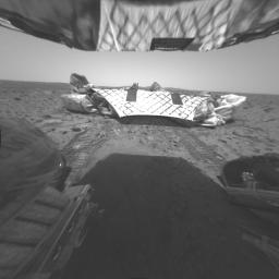 This image was taken by NASA's Mars Exploration Rover Spirit's rear hazard-identification camera. Well-defined track characteristics suggest the presence of very fine particles in the martian soil (along with larger particles).