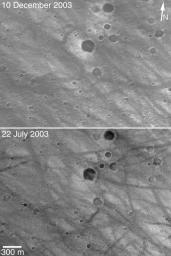 NASA's Mars Global Surveyor shows the area where the Mars rover Spirit is believed to have touched down.