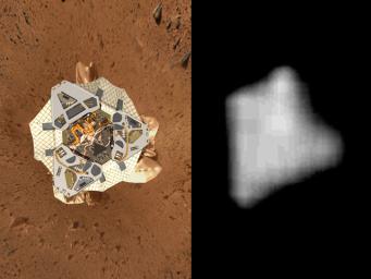 The image on the left is a computer-generated model of NASA's Mars Exploration Rover Spirit's lander at Gusev Crater. On right is an actual image of the lander on Mars taken Jan. 19, 2004, by the camera onboard NASA's Mars Global Surveyor. 