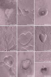 NASA's Mars Global Surveyor shows a collection of heart-shaped martian landforms.