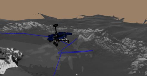 This image is a screenshot from a computer-generated animation showing the path NASA's Mars Exploration Rover Opportunity traveled.