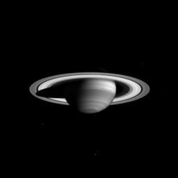 NASA's Cassini narrow angle camera took this image of Saturn on Feb. 16, 2004, from a distance of 66.1 million kilometers (41.1 million miles) in a special filter which reveals clouds and haze high in the atmosphere.