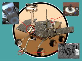 This illustration shows the locations of the various magnets on NASA's Mars Exploration Rover, which are: its front side, or chest; its back, near the color calibration target; and on its rock abrasion tool. 