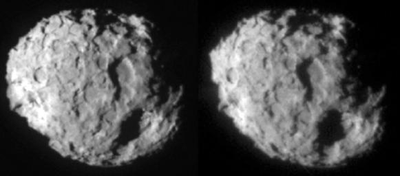 This image shows a stereo pair of the comet Wild 2, which NASA's Stardust spacecraft flew by on Jan. 2, 2004. 