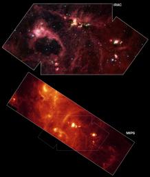 This image from NASA's Spitzer Space Telescope shows an exceptionally bright source of radio emission called DR21.