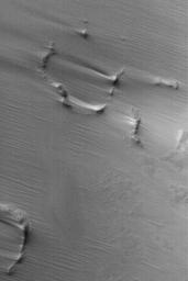 NASA's Mars Global Surveyor shows evidence of wind deposition of fine sediment in the form of drifts in the lee of obstacles in the martian south polar region.