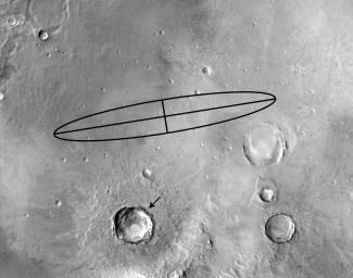 This image from NASA's 2001 Mars Odyssey shows the rock dubbed 'Bounce' at Meridiani Planum, Mars, which may have been thrown onto the plains during an impact that formed a crater (arrow) located SE of Opportunity's landing site.