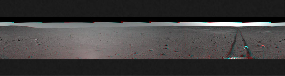 This 3-D cylindrical-perspective mosaic was created from navigation camera images that NASA's Mars Exploration Rover Spirit captured on on sol 100. 3D glasses are necessary to view this image.