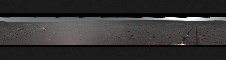 This 3-D cylindrical-perspective mosaic was created from navigation camera images that NASA's Mars Exploration Rover Spirit captured on on sol 101. 3D glasses are necessary to view this image.