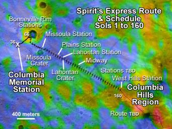 This map illustrates NASA's Mars Exploration Rover Spirit's position as of April 26, 2004, near the crater called 'Missoula.' Like a train on a tight schedule, Spirit made regular stops along the way to its ultimate destination, the 'Columbia Hills.'