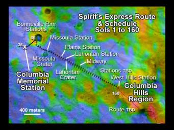 This map illustrates NASA's Mars Exploration Rover Spirit's position as of April 26, 2004, near the crater called 'Missoula' on Mars.