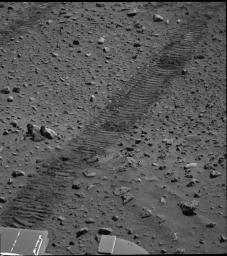 NASA's Mars Exploration Rover Spirit took this panoramic camera image of its wheel tracks on May 7, 2004. This short segment of track represents only a small portion of the long journey Spirit traveled toward the base of the Columbia Hills.