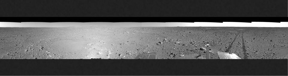 This left-eye mosaic was created from images that NASA's Mars Exploration Rover Spirit acquired May 8, 2004.The rover was on its way to the 'Columbia Hills,' which can be seen on the horizon.