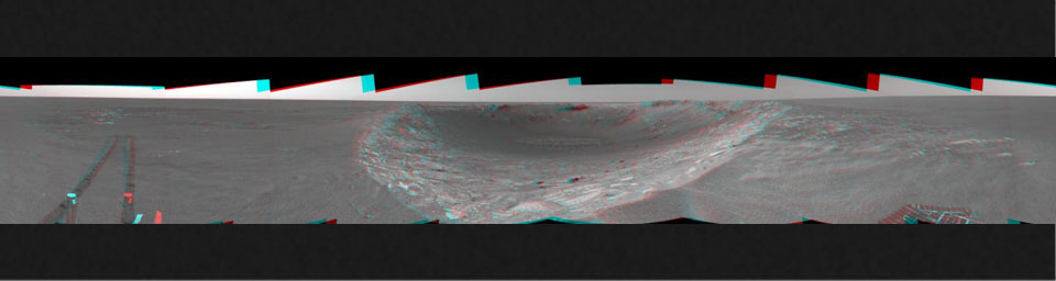 This 3-D cylindrical-perspective mosaic was created from navigation camera images that NASA's Mars Exploration Rover Spirit captured on on sol 103. 3D glasses are necessary to view this image.