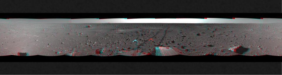 This 3-D cylindrical-perspective mosaic was created from navigation camera images that NASA's Mars Exploration Rover Spirit captured on on sol 127. 3D glasses are necessary to view this image.