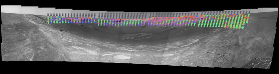 Surface composition in 'Endurance Crater' is mapped with color-coded interpretation of data from NASA's Mars Exploration Rover Opportunity. The information has been overlaid onto a view of a crater on Mars.