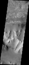 This image from NASA's 2001 Mars Odyssey released on Sept 13, 2004 shows the martian surface of Ius Chasma. This image shows the central ridge that runs through Ius Chasma.