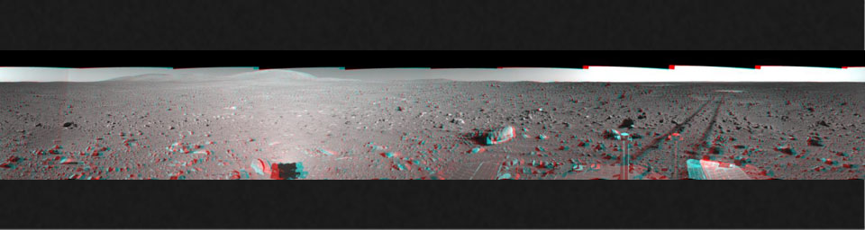 This 360-degree three dimensional anaglyph view from NASA's Mars Exploration Rover Spirit highlights Gusev crater on sol 148. 3D glasses are necessary to view this image.