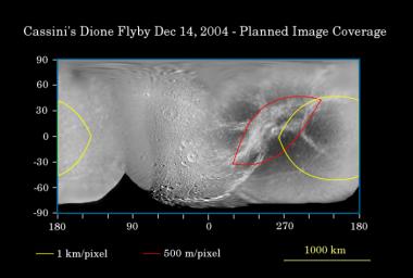 This map of Saturn's moon Dione, generated from Cassini images taken during the spacecraft's first two orbits of Saturn, illustrates the imaging coverage planned during NASA's Cassini spacecraft first Dione flyby on Dec. 14, 2004.