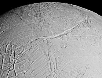 This spectacular view is a mosaic of four high resolution images taken by the NASA's Cassini spacecraft narrow angle camera on Feb. 16, 2005, during its close flyby of Saturn's moon Enceladus.