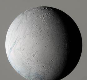 During its very close flyby on March 9, 2005, NASA's Cassini spacecraft captured this false-color view of Saturn's moon Enceladus, which shows the wide variety of this icy moon's geology.