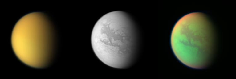 These three views of Titan from NASA's Cassini spacecraft illustrate how different the same place can look in different wavelengths of light.