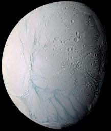 As it swooped past the south pole of Saturn's moon Enceladus on July 14, 2005, NASA's Cassini spacecraft acquired high resolution views of this puzzling ice world.