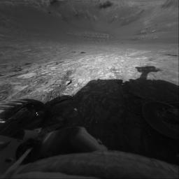 This image from NASA's Mars Exploration Rover Opportunity's front hazard-avoidance camera shows the rover's view of the floor of 'Endurance Crater.' The image was taken from just inside the rim of the crater on June 9, 2004.