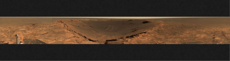 This panoramic view from NASA's Mars Exploration Rover Opportunity shows the 'Karatepe' ingress at the edge of 'Endurance Crater' on Mars.