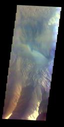 This false-color image released on June 7, 2004 from NASA's 2001 Mars Odyssey was collected May 18, 2003 during southern spring season. The image shows an area in the Hebes Mensa region on Mars.