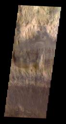 This true-color image in hues of reddish-brown released on June 9, 2004 from NASA's 2001 Mars Odyssey shows the area of Hebes Mensa on Mars.
