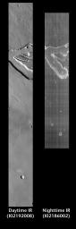 This pair of images released on June 17, 2004 from NASA's 2001 Mars Odyssey shows a comparison of daytime and nighttime of part of a small channel on Mars.