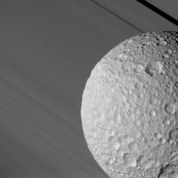 During its close flyby of Saturn's moon Mimas on Aug. 2, 2005, NASA's Cassini spacecraft caught a glimpse of Mimas against the broad expanse of Saturn's rings.