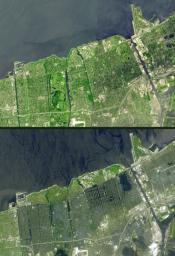 Seventeen days after Hurricane Katrina flooded New Orleans, much of the city was still under water. In this pair of images from NASA's Terra satellite, the affected areas can clearly be seen.