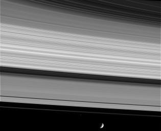 This image captured by NASA's Cassini spacecraft shows, from upper right to lower left, the thin C ring, multi-toned B ring, the dark Cassini Division, the A ring and narrow F ring.