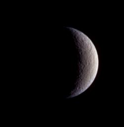 This false-color picture of Saturn's moon Rhea from NASA's Cassini spacecraft enhances slight differences in natural color across the moon's face.