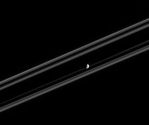 NASA's Cassini spacecraft was nearly in the plane of Saturn's rings when it took this image of Janus.