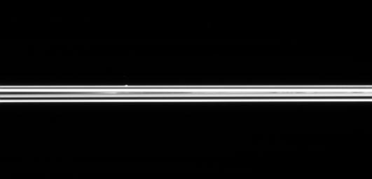 The small ring moon Atlas is seen here, on the far side of Saturn's immense ring system. NASA's Cassini spacecraft was only 0.6 degrees above the ring plane when this image was taken.