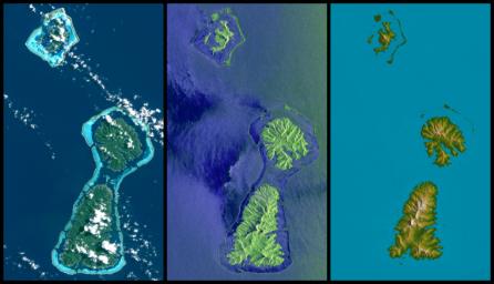 Bora Bora, Tahaa, and Raiatea (top to bottom) are Polynesian Islands about 220 kilometers (135 miles) west-northwest of Tahiti in the South Pacific. This image from NASA's Shuttle Radar Topography Mission.