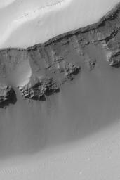 NASA's Mars Global Surveyor shows the layered rocks and boulders exposed on the wall of a trough in the Terra Sirenum region of Mars.