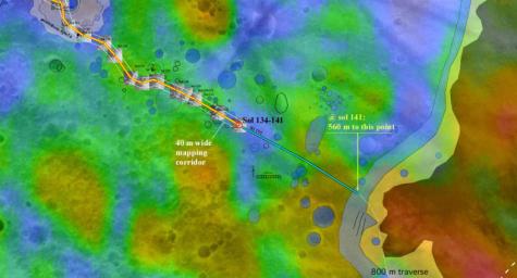 The red dot labeled 'Sol 134-141' in this map illustrates when and where NASA's Mars Exploration Rover Spirit acquired the 'Santa Anita Panorama.'