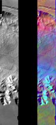 This image released on August 11, 2004 from NASA's 2001 Mars Odyssey shows a decorrelation stretch over Melas Chasm. Pink/magenta colors usually represent basaltic dunes, cyan indicates the presence of water ice clouds, while green can represent dust.