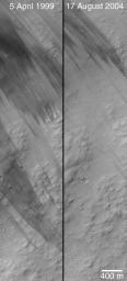 NASA's Mars Global Surveyor shows streaks and small pedestal craters found among in the Memnonia region of Mars.