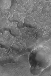 NASA's Mars Global Surveyor shows a field of circular and somewhat circular features that once were impact craters that were subsequently filled, buried, then exhumed in Arabia Terra on Mars.