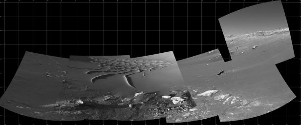 This mosaic from the navigation camera aboard NASA's Mars Exploration Rover Opportunity was compiled from images taken on the rover's 193rd and 194th sol on Mars on August 9 and 10, 2004.