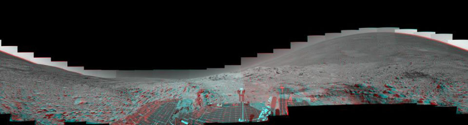 This mosaic of images from NASA's Mars Exploration Rover Spirit shows a panoramic anaglyph of the 'Columbia Hills.' 3D glasses are necessary to view this image.