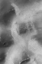 NASA's Mars Global Surveyor shows old, light-toned, large ripples on a smoothly mantled surface in the Sinus Sabaeus region, south of Schiaparelli Basin on Mars.