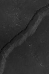 NASA's Mars Global Surveyor shows a portion of Arnus Vallis, a valley in northern Syrtis Major. Windblown sand has accumulated in the valley, forming dunes that are of a slightly lighter tone (higher albedo) than the surrounding terrain.