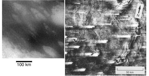 This image compares streaked terrain on Titan and Mars. At left is an image from NASA's Cassini spacecraft of the region where the Huygens probe is expected to land. At right is a picture from NASA's Viking 1 orbiter.