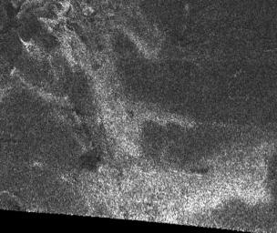 This synthetic aperture radar image of the surface of Saturn's moon Titan was acquired on Oct. 26, 2004, when NASA's Cassini spacecraft flew over. Dark regions may represent areas that are smooth, made of radar-absorbing materials.
